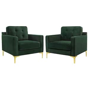 Dark Green Fabric Upholstered Single Sofa Chair Modern Accent Armchair with Gold Metal Chair Legs Set of 2