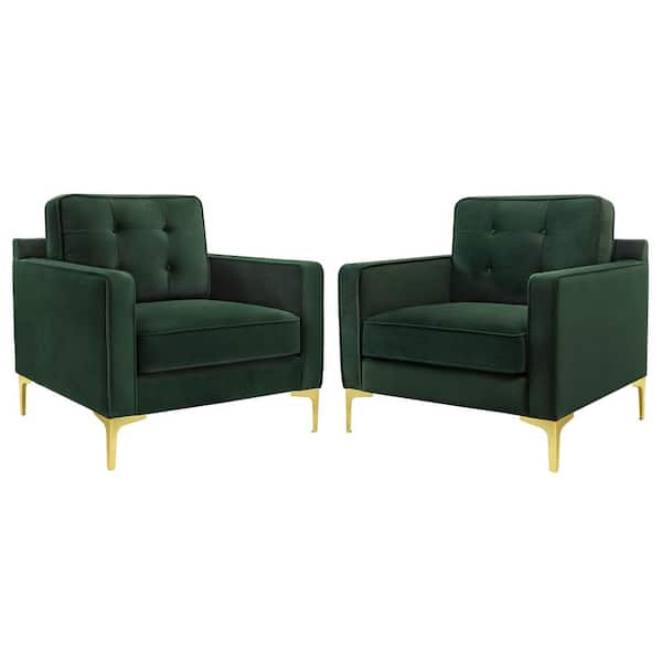 LUE BONA Dark Green Fabric Upholstered Single Sofa Chair Modern Accent Armchair with Gold Metal Chair Legs Set of 2