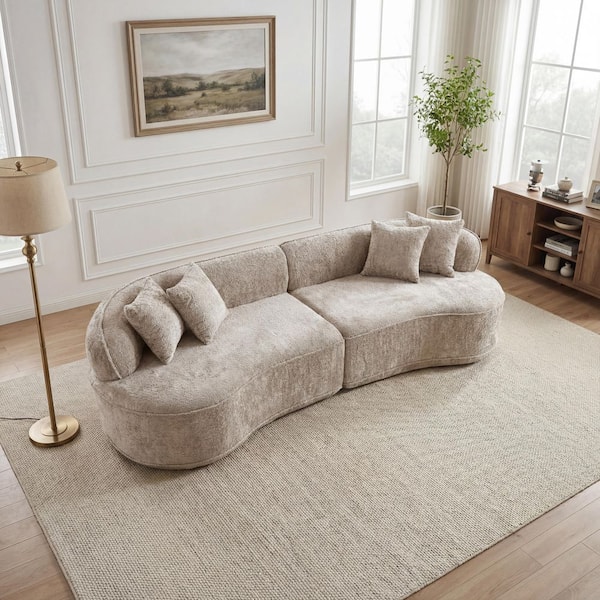 Asher Modern Oversized 114 in. 2-piece Boucle Fabric Curved Compressed Sectional Sofa in. Camel with Throw Pillows