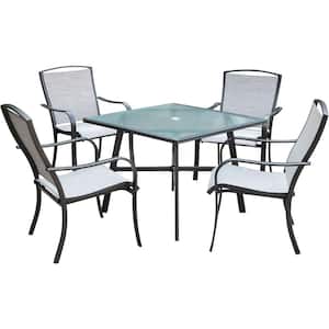 Foxhill 5-Piece Commercial Aluminum Outdoor Dining Set with 4-Sunbrella Sling Dining Chairs and a 38 in. Glass-Top Table
