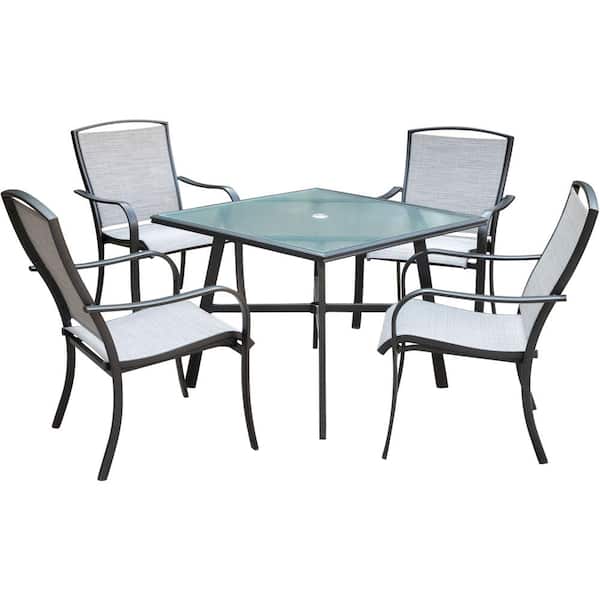 Hanover Foxhill 5 Piece Commercial Aluminum Outdoor Dining Set With 4 Sunbrella Sling Chairs And A 38 In Glass Top Table Foxdn5pcg Gry The Home Depot - Home Depot Patio Furniture Table And 4 Chairs