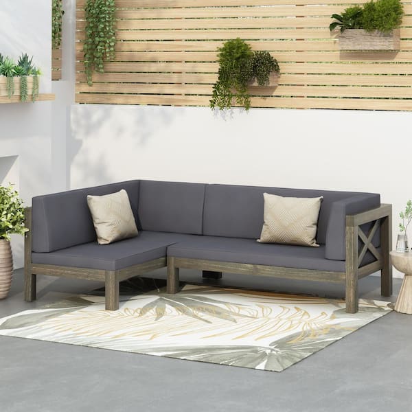 Jalice Right Arm 2-Piece Solid Wood Outdoor Couch Patio Corner Sofa with Dark Grey Cushions, Grey Finish