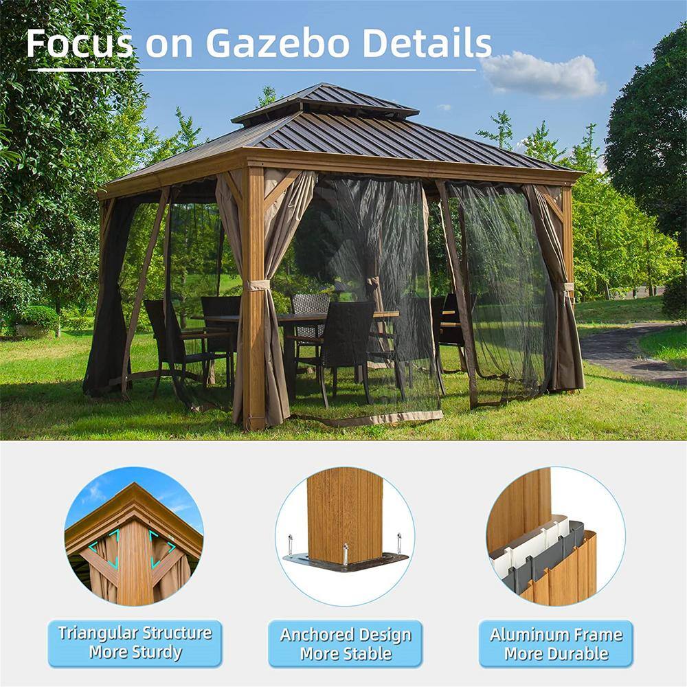 12 ft x 12 ft Brown Aluminum Hardtop Patio Gazebo with Curtains