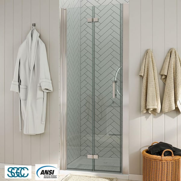 36 to 37-1/4 in. W x 72 in. H Bi-Fold Frameless Shower Doors in Brushed Nickel with Clear Glass
