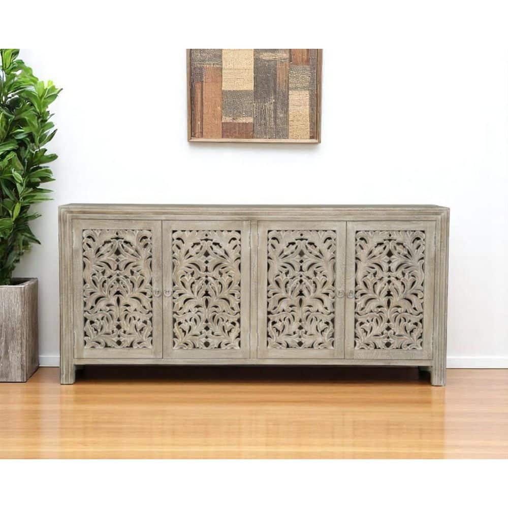 78 in. Gray Distressed Solid Wood Buffet Carved Floral Sideboard with 4-Doors price history on PriceWatchPro
