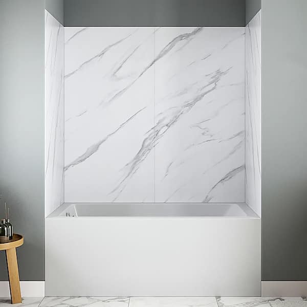 DSH-1140-106 32 in. L x 60 in. W x 55 in. H 4-Piece Glue-Up Alcove Bathtub Wall Surround in White Marble Finish