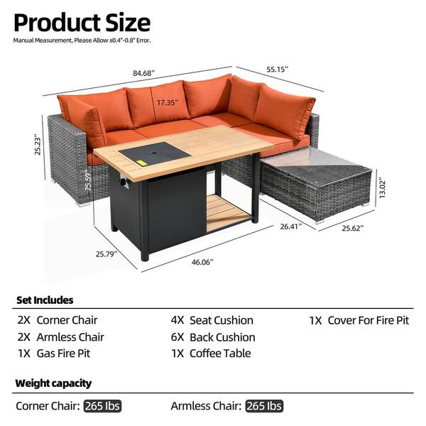 XIZZI Riley 6-Piece Wicker Patio Rectangular Fire Pit Set with Orange Red Cushions DFP-HOP805-B12