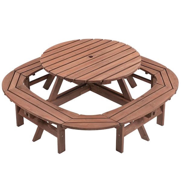 Walnut Brown 2-Piece Wood Round Table Top Outdoor Dining Set with 1 Built-in Ring Stool