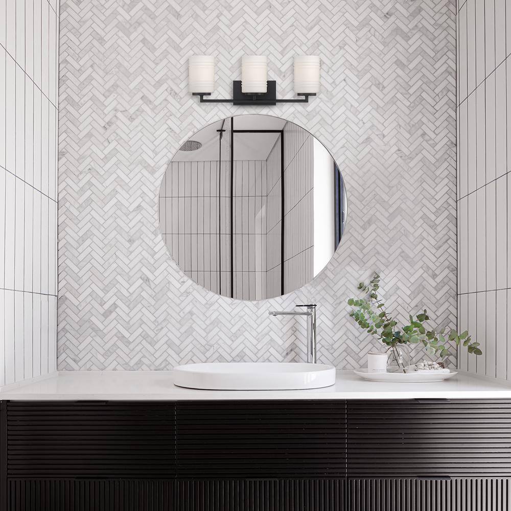 Modern Matte Black 3-Light Vanity Bath Light with Etched Opal Glass