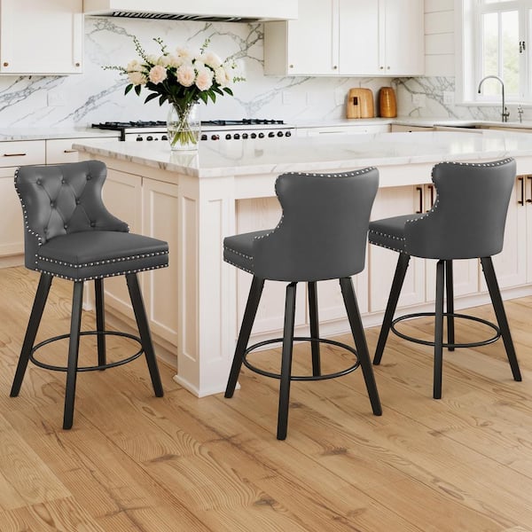 27 in. Counter Stool Dark Gray Faux Leather Upholstered Button Tufted Swivel Bar Stool with Wood Frame Set of 3