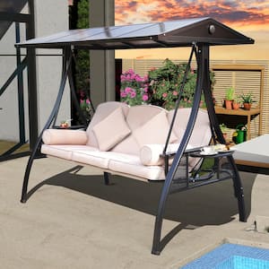 Residential Khaki 3-Seat Outdoor Porch Swings with Adjustable PC Canopy, Cushions Foldable Cup Holders and Pillows Khaki