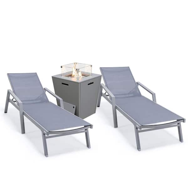 Leisuremod Marlin Modern Grey Aluminum Outdoor Chaise Lounge Chair With Arms Set of 2 and Fire Pit Table, Dark Grey