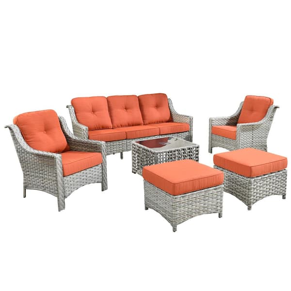 Denver 6-Piece Wicker Outdoor Furniture Patio Conversation Sofa Set with a Solar LED Table and Orange Red Cushions