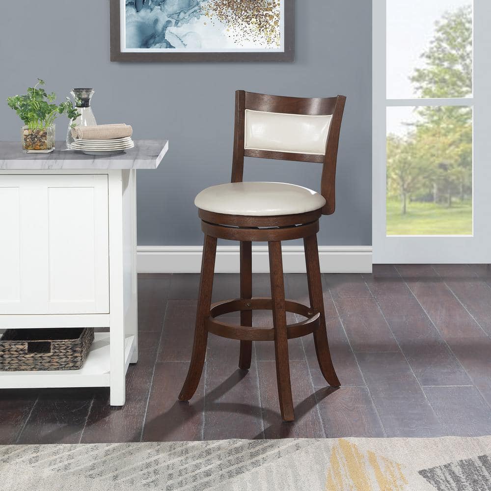 30" Cream Faux Leather Swivel Stool with Dark Walnut Wood Frame