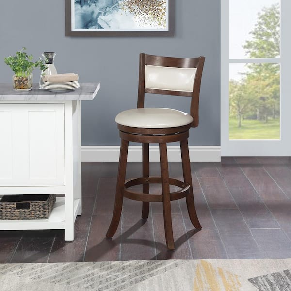 30 in. Wood Swivel Stool in Cream Faux Leather with Dark Walnut Finish