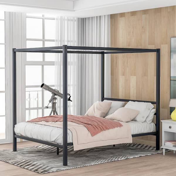 GODEER Black Metal Frame Queen Canopy Bed with Built-in Headboard, No Box Spring Needed, Classic Design