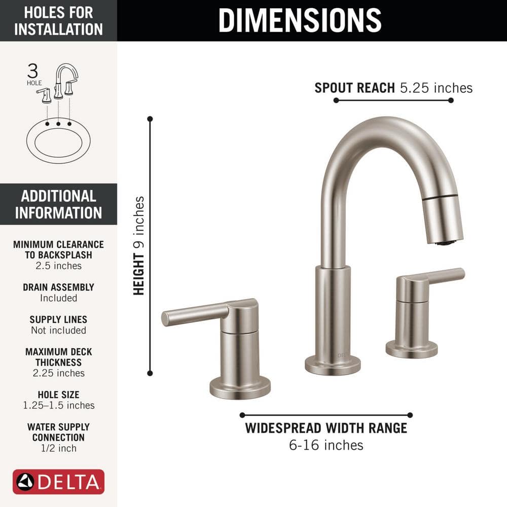 Nicoli Brushed Stainless Steel Widespread Bathroom Faucet with Pull-Down Sprayer