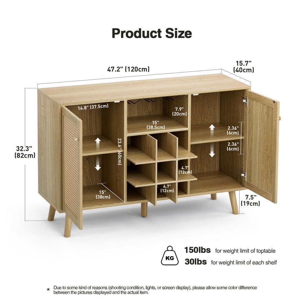 Rustic Oak and Rattan Wine Bar Cabinet with Adjustable Shelves