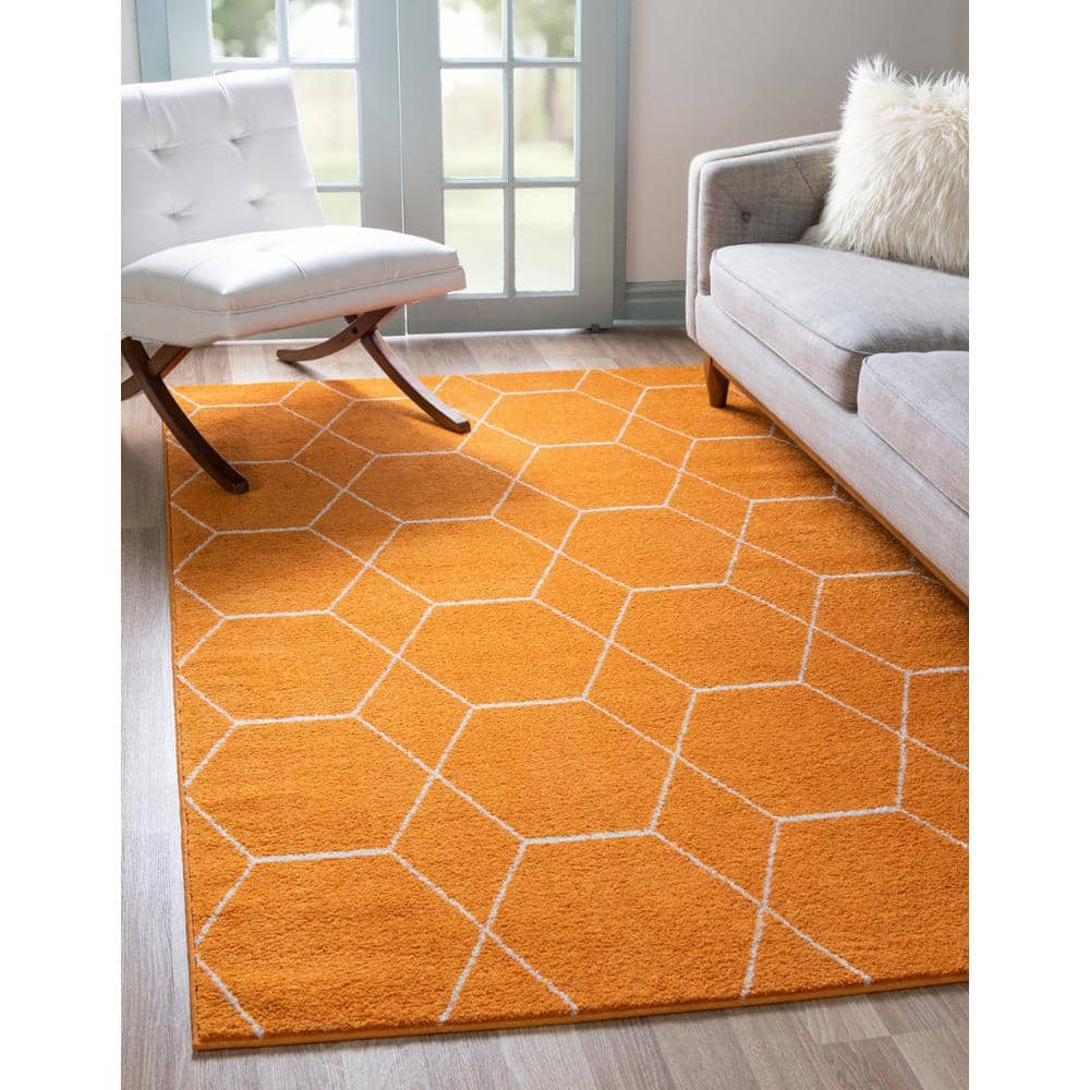 Vivid Orange and Ivory Geometric Trellis 6' x 9' Area Rug