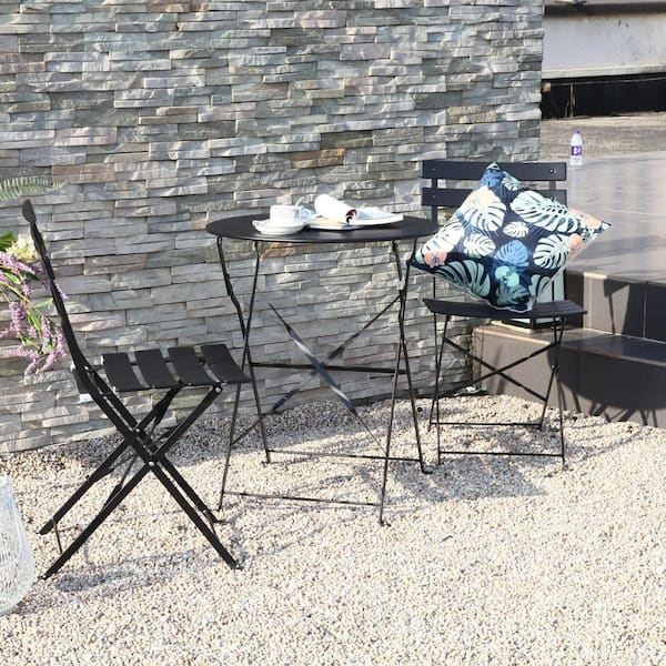 3-Piece Metal Patio Bistro Set Round Folding Table and Chairs Set Iron Conversation Coffee Table Set for Backyard, Black