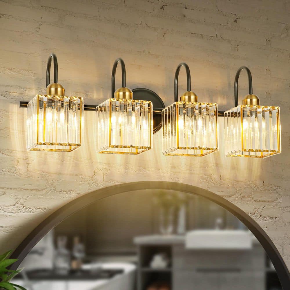 Arras 25.98 in. W 4-Light Black and Antique Brass Vanity Light with Square Crystal Shades price history on PriceWatchPro