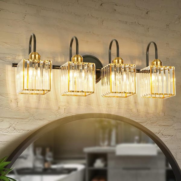 Arras 25.98 in. W 4-Light Black and Antique Brass Vanity Light with Square Crystal Shades