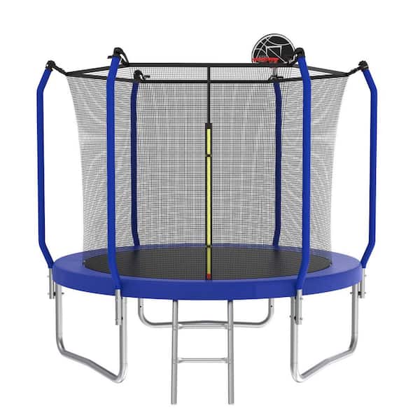 Tenleaf 10 ft. Outdoor Round Blue Trampoline with Safety Enclosure Net, Basketball Hoop