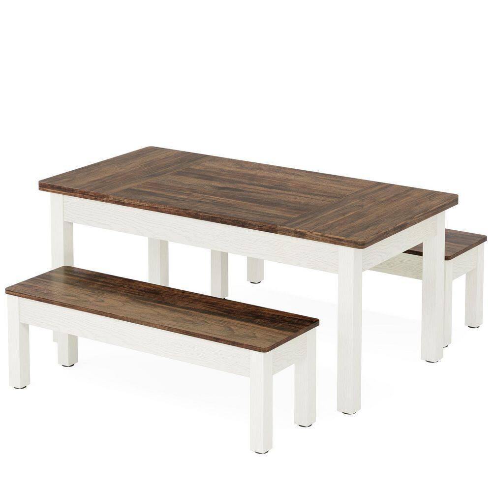 3-Piece Rectangle White and Brown Wooden Top Dining Room Set Seats 4, Dining Table Set with 2 Benches for Kitchen