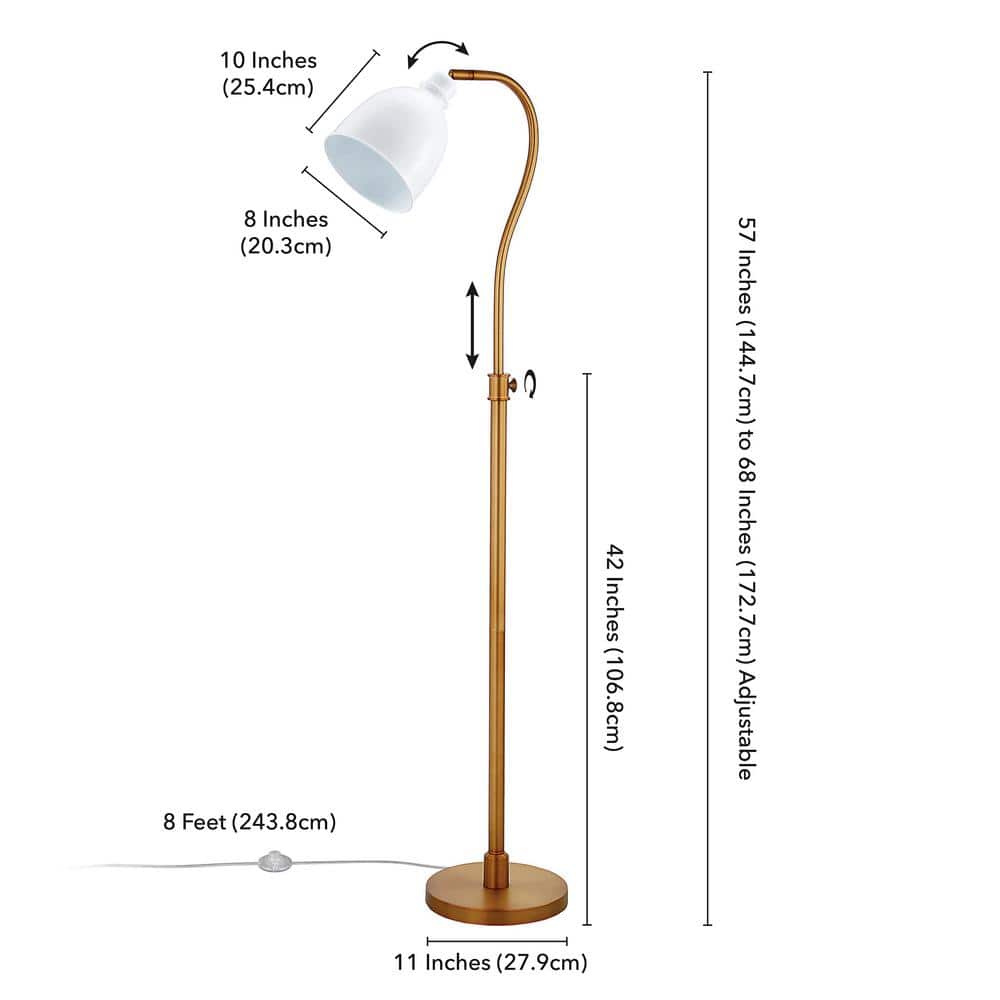 Adjustable Brass Finish Arc Floor Lamp with Matte White Shade