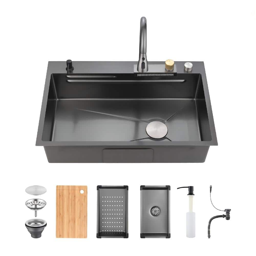 33×22in Black Stainless Steel Waterfall Workstation Sink with Flying-rain Faucet and Cutting Board Single Bowl price history on PriceWatchPro