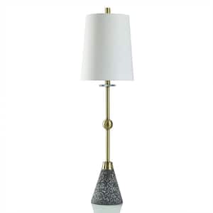 36.25 in. Gray, White Terrazo Cement, Gold Brushed Table Lamp with White Linen Shade