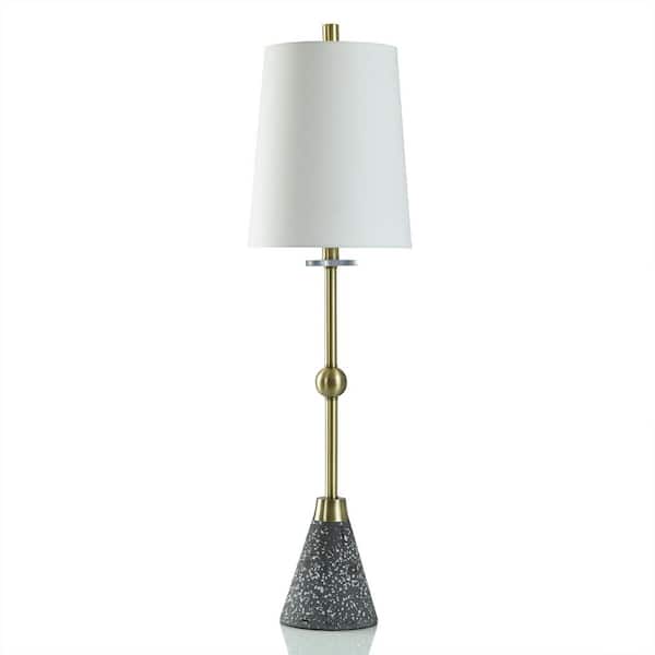 StyleCraft 36.25 in. Gray, White Terrazo Cement, Gold Brushed Table Lamp with White Linen Shade