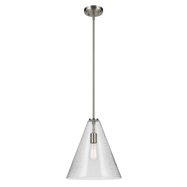 Everly 14.25 in. 1-Light Brushed Nickel Modern Shaded Cone Kitchen Hanging Pendant Light with Clear Seeded Glass
