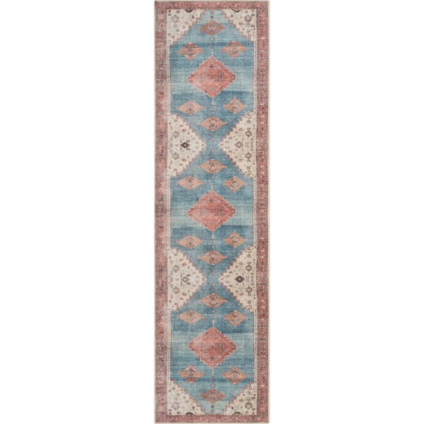 Lotus Towne Terra Blue Vintage Medallion Persian 2 ft. 7 in. x 9 ft. 10 in. Machine Washable Runner Rug