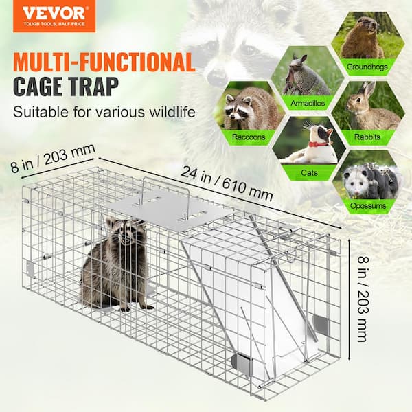 Live Animal Cage Trap 24 in. x 8 in. x 8 in. Humane Cat Trap Galvanized  Iron Folding Animal Trap with Handle