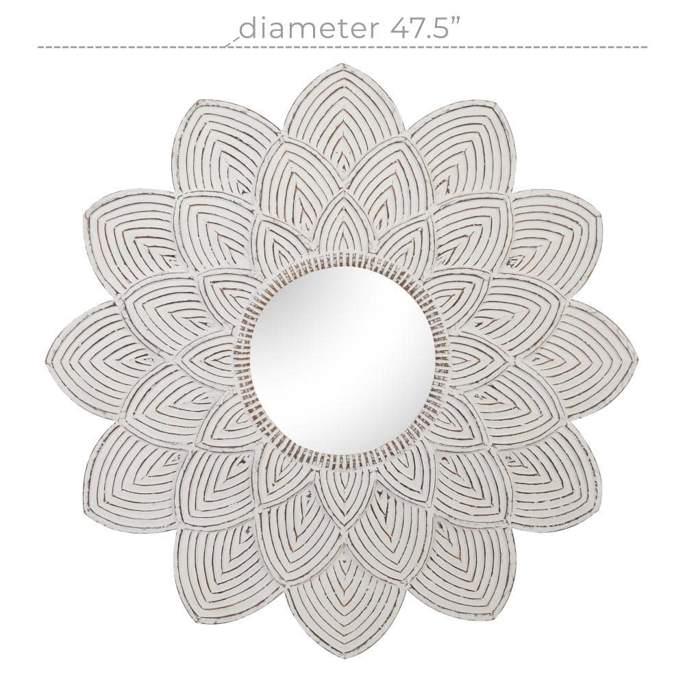 White Carved Floral Round Wood Wall Mirror