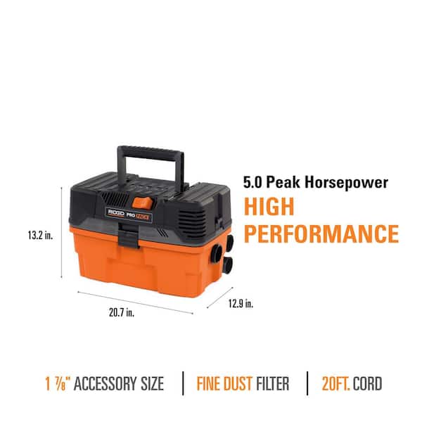 RIDGID - 4.5 Gallon 5.0 Peak HP ProPack Shop Vacuum Wet Dry Vac with Fine Dust Filter, Expandable Locking Hose and Accessories