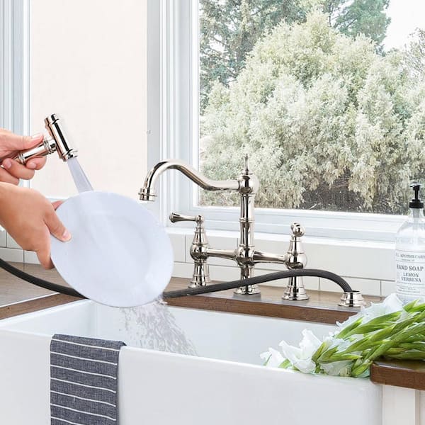 Double Handle Bridge Kitchen Faucet in Solid Brass in Polished Chrome