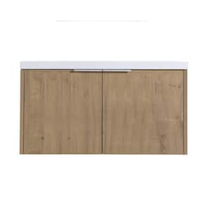 35.40 in. W x 18.10 in. D x 19.30 in. H Single Sink Wall Mounted Bath Vanity in Imitative Oak with White Resin Top