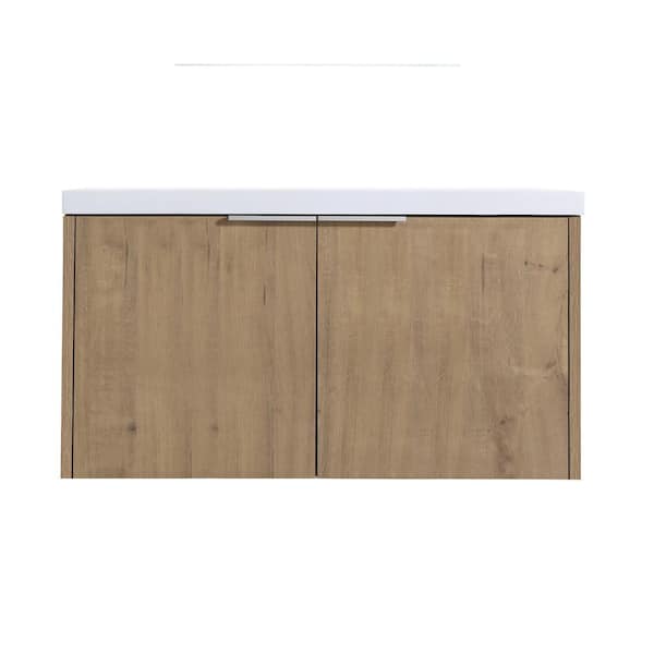 Boosicavelly 35.40 in. W x 18.10 in. D x 19.30 in. H Single Sink Wall Mounted Bath Vanity in Imitative Oak with White Resin Top