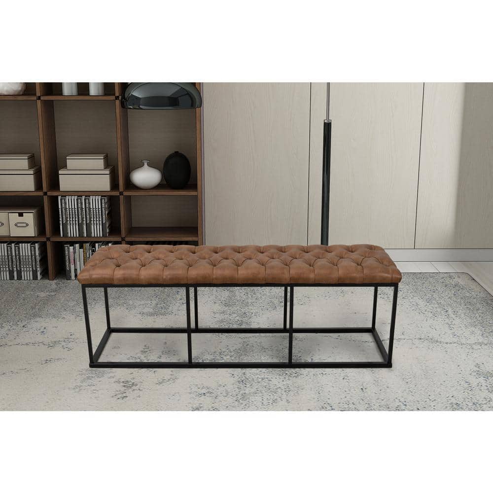 Draper 53'' Faux Brown Leather Tufted Bench with Metal Base