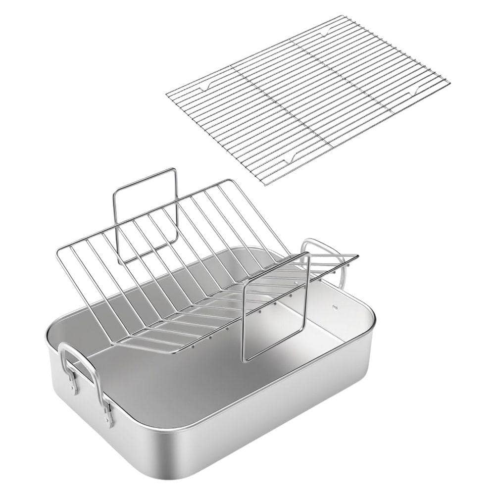 Pan With Rack Stainless Steel Silver Roasting Pan with Rack Cooktop Compatible ...