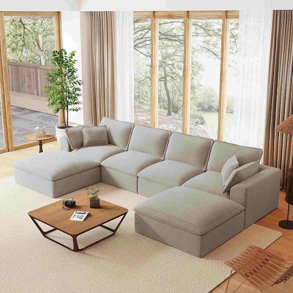 142 in. Square Arm Chenille Sectional Sofa with Ottomans, Extra Width&Depth Cloud Like Soft Cushion in. Light Gray