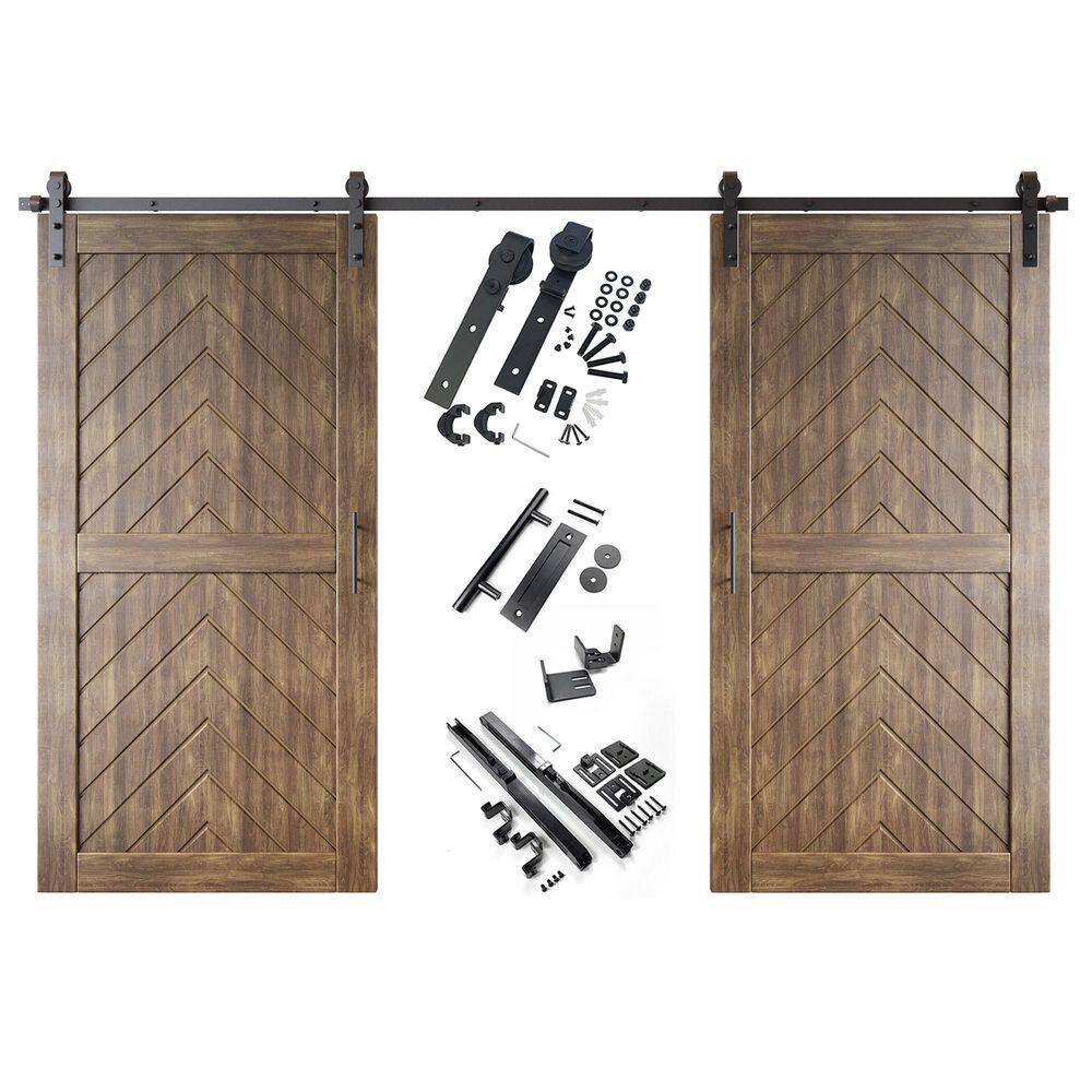 JT1 36 in. x 80 in. C-Panel Dark Walnut Fishbone Design Double Pine Wood Sliding Barn Door with Hardware Kit price history on PriceWatchPro