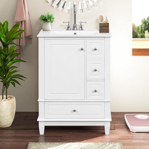 24 in. Single Sink Freestanding White Bath Vanity with White Ceramic Top, 3 Drawers, Soft Close Doors, Unassembled