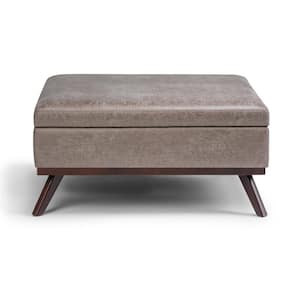 Owen 34 in. Mid Century Modern Storage Ottoman in Distressed Grey Taupe Faux Air Leather