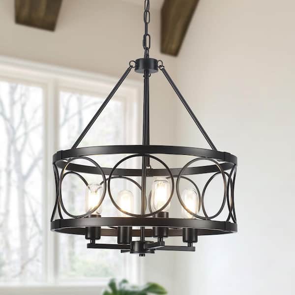 Boswell Quarter 4 light Black Drum Farmhouse Rustic Chandelier for Kitchen Island with No Bulbs Included