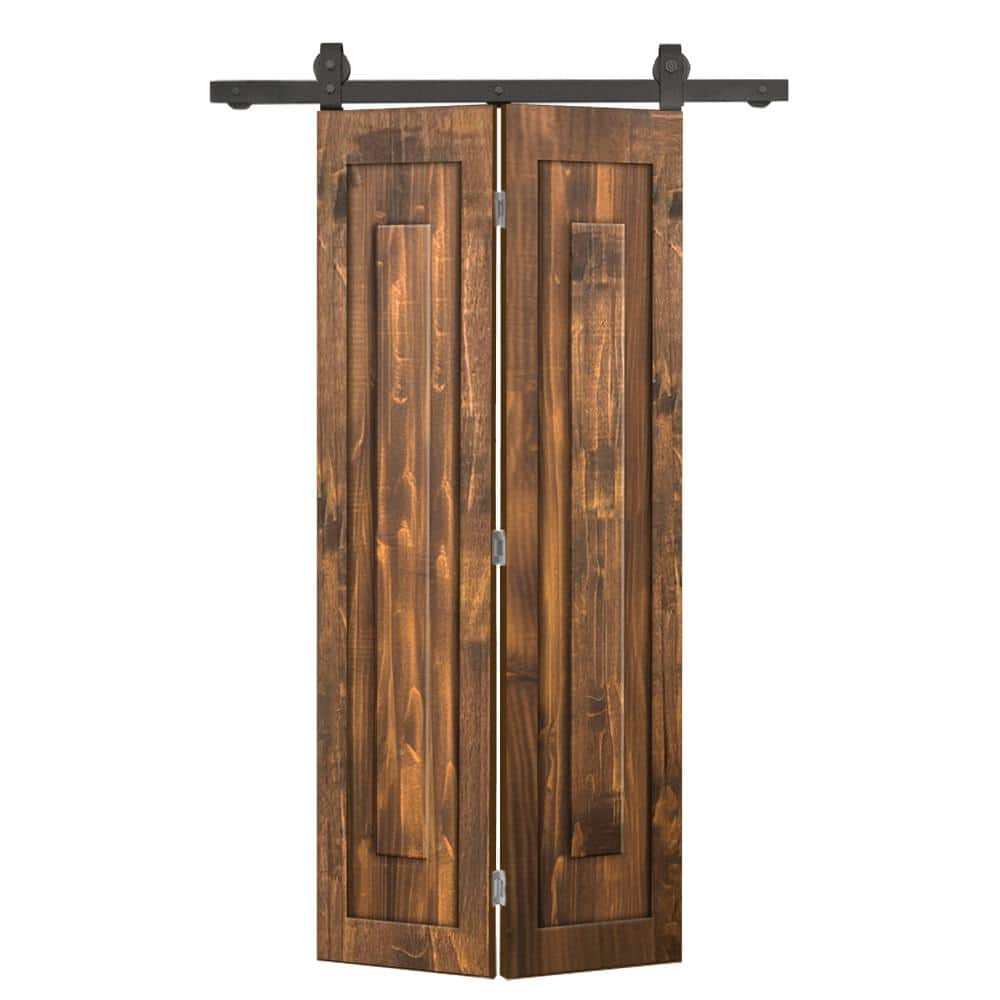 26 in. x 80 in. 1 Panel Shaker Hollow Core Walnut Pine Wood Bi-fold Door with Sliding Barn Door Hardware Kit price history on PriceWatchPro
