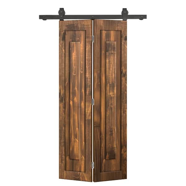 CALHOME 32 in. x 80 in. 1 Panel Shaker Hollow Core Walnut Pine Wood Bi-Fold Door with Sliding Barn Door Hardware Kit