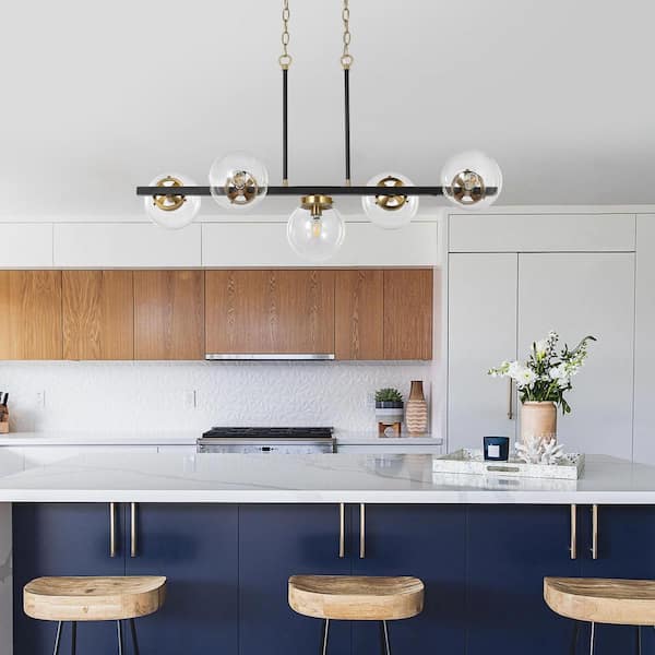 5-Light Black Modern Linear Chandelier Kitchen Island Pendant Light with Clear Glass Shade